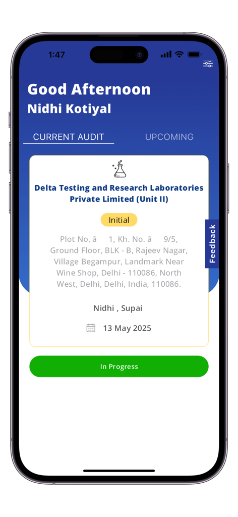 BIS Lab Audit - BIS Lab Audit app interface showing current audit details for Delta Testing and Research Laboratories with an in progress status.