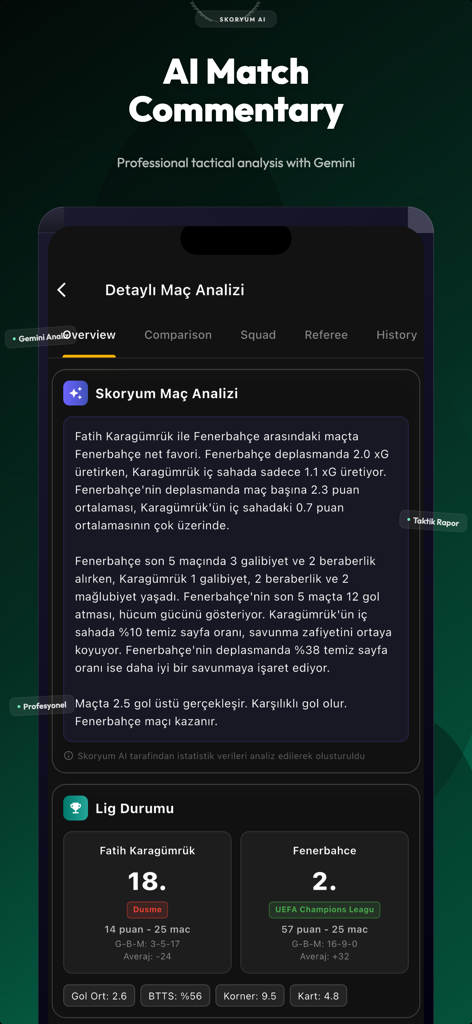 Skoryum AI-Football Predict - Skoryum AI app interface featuring professional tactical football analysis and AI match commentary