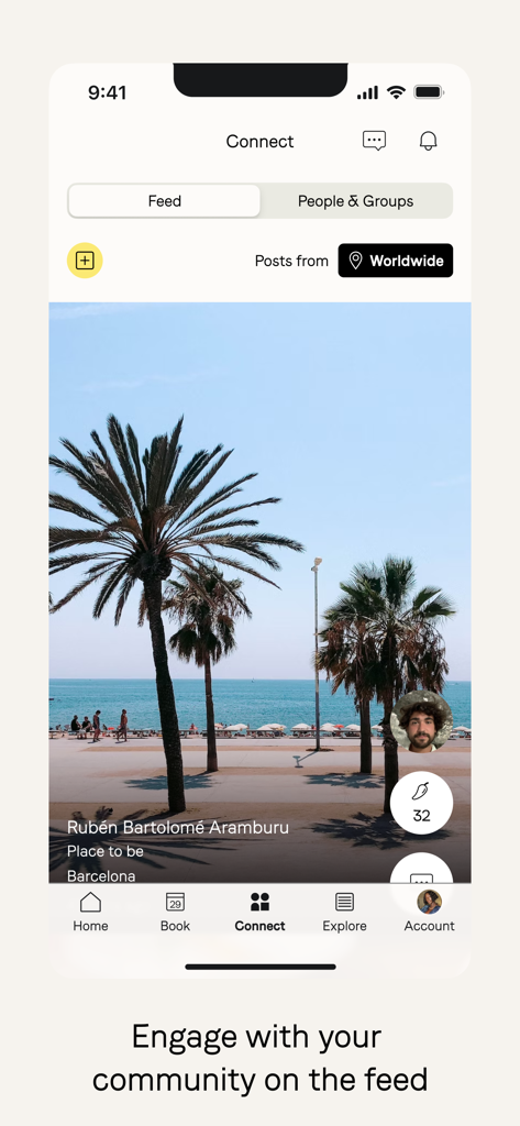 전 세계 회원들의 게시물이 포함된 소셜 피드를 보여주는 소호 하우스 앱 Connect 화면