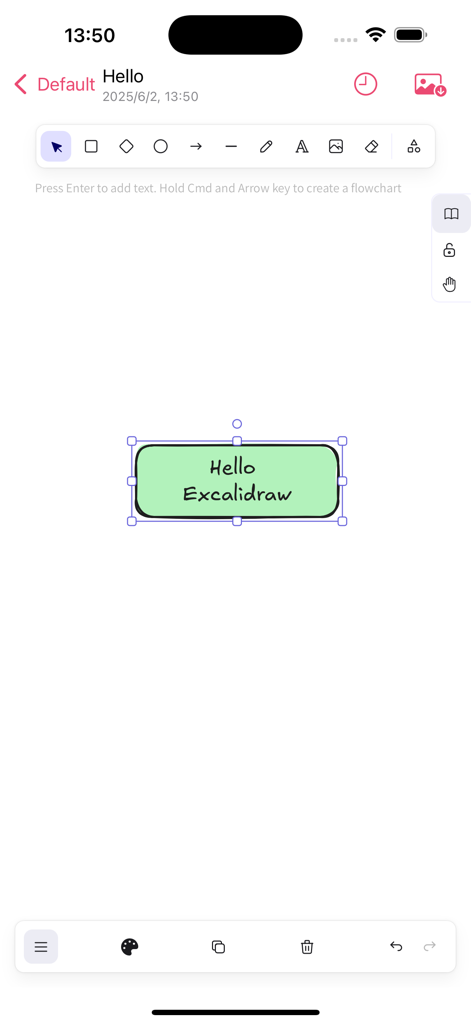 Drawing Studio - Drawing Studio mobile app interface featuring an Excalidraw canvas with a green text box and drawing tools