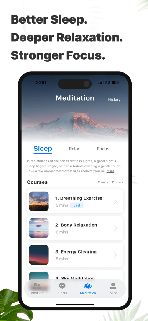 Dimood app meditation interface showing sleep courses and breathing exercises