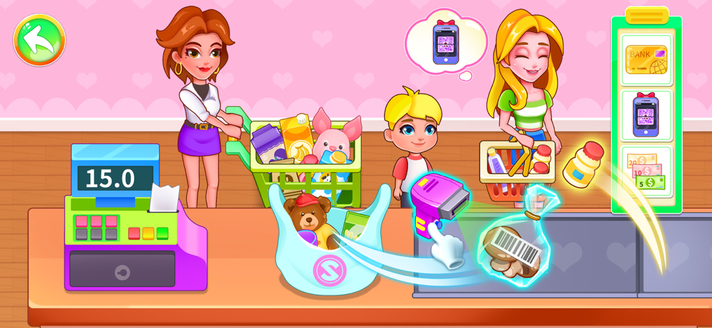 Supermarket Go Shopping - Kids supermarket checkout game scene with characters and cash register