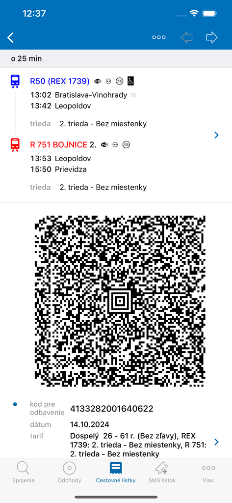 Digital train ticket with QR code for Bratislava to Prievidza in the Cestovne poriadky CP mobile app