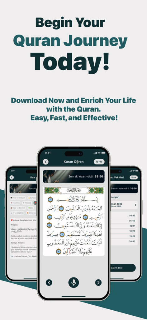 AI Quran Reader Athkar Tarteel - Tres iPhones mostrando texto del Corán, horarios de oración y funciones de dua de la aplicación AI Quran Reader