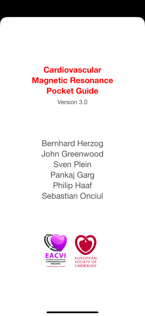 CMR Pocket Guide - 心血管磁気共鳴ポケットガイドアプリのタイトル画面。バージョン番号と著者リストが表示されています。