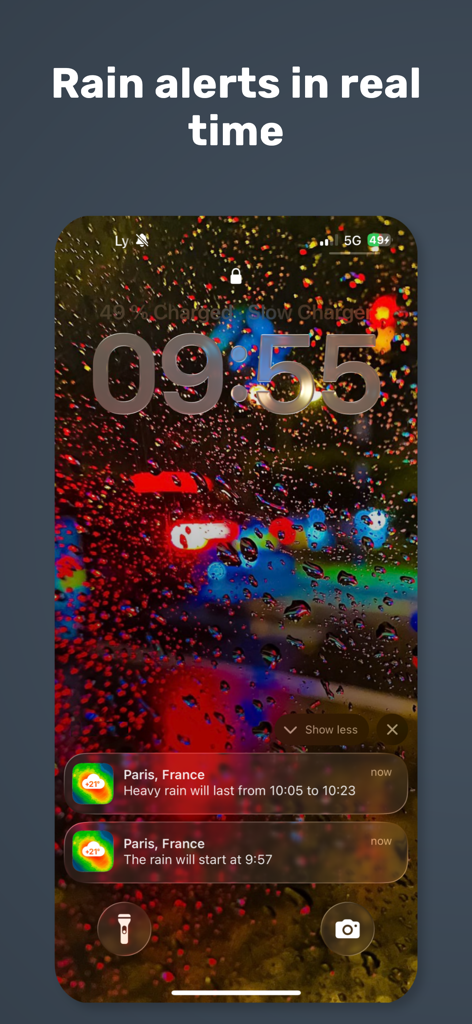Weather + Radar: NOAA Rain Map - Pantalla de bloqueo de smartphone mostrando alertas de lluvia en tiempo real y notificaciones meteorológicas de la aplicación Weather + Radar