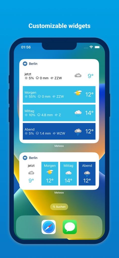 Two customizable Meteox weather widgets on an iPhone screen displaying weather forecasts for Berlin