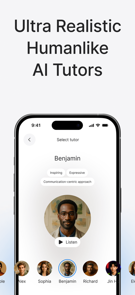 Learn Languages: Speak Avatar - Interface of the Speak Avatar app showing a selection of ultra realistic humanlike AI language tutors