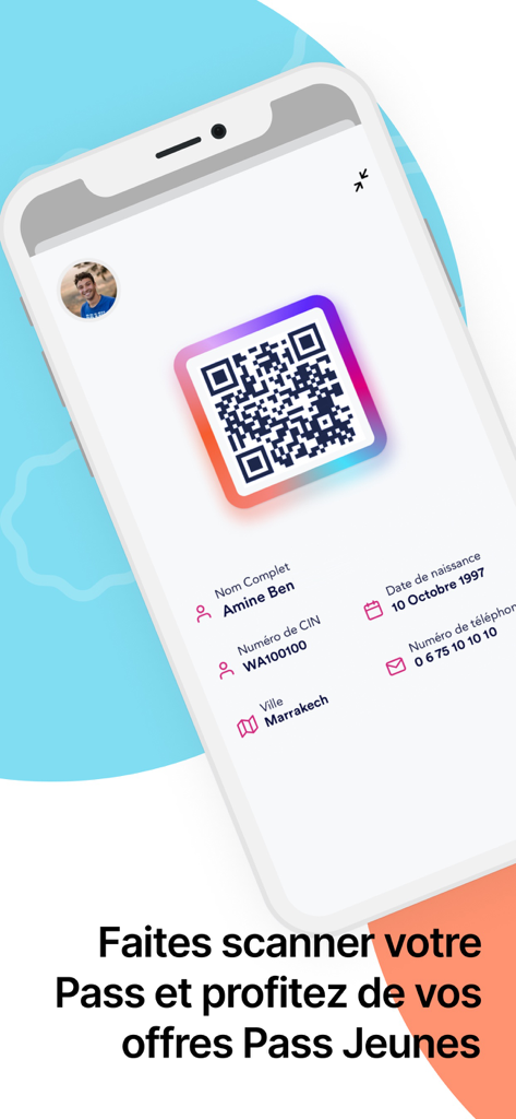 Pantalla de la aplicación móvil mostrando un código QR digital personalizado y el perfil del usuario para el programa de descuentos Pass Jeunes