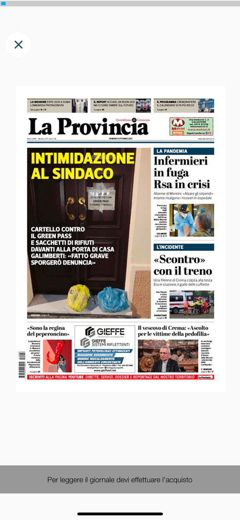 Digitale Replik der Titelseite der Zeitung La Provincia di Cremona auf einem mobilen Gerät