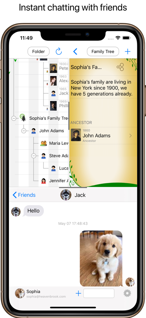 강아지 사진이 전송된 가족 트리 구조와 통합 채팅 기능을 보여주는 모바일 화면.