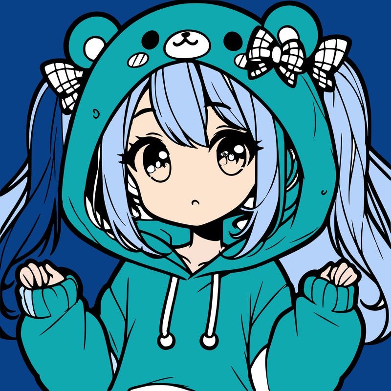 cute anime girl with ponytails and a cute bear hoodie