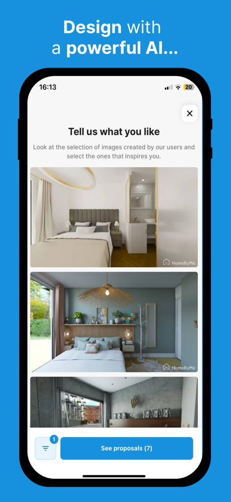 HomeByMe app interface showing AI powered interior design inspiration and style selection