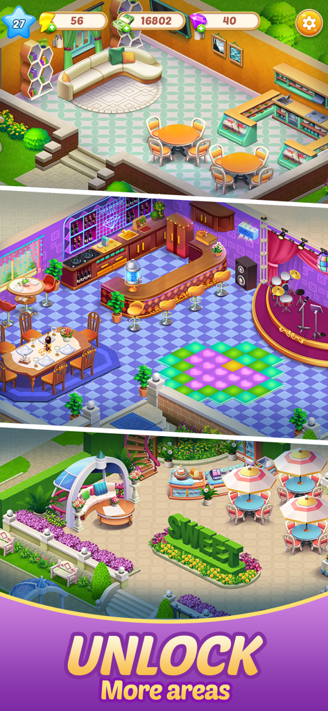 Three different decorated restaurant interiors showing various furniture and themes in Merge Food game