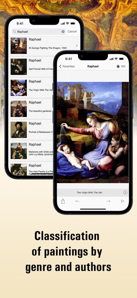 Louvre HD - Louvre HD app displaying a list of Raphael paintings and a detailed view of The Virgin With The Veil.