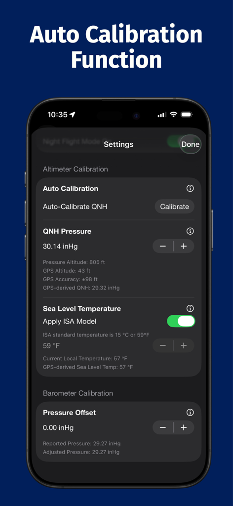 Aviation Altimeter Pro - Settings screen of the Aviation Altimeter Pro app showing auto calibration for QNH pressure and ISA model temperature settings