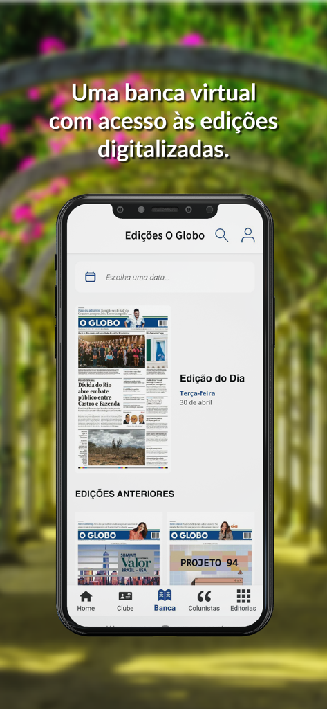O Globo app virtual newsstand showing the daily digital edition and previous issues