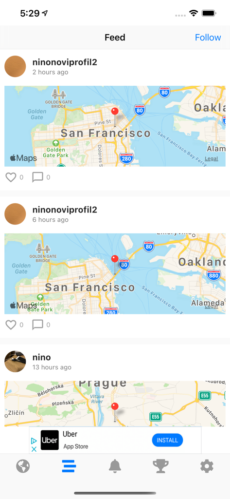 Poop Map - Pin and Track - Feed social de la aplicación Poop Map que muestra pines de ubicación y registros de usuarios en un mapa