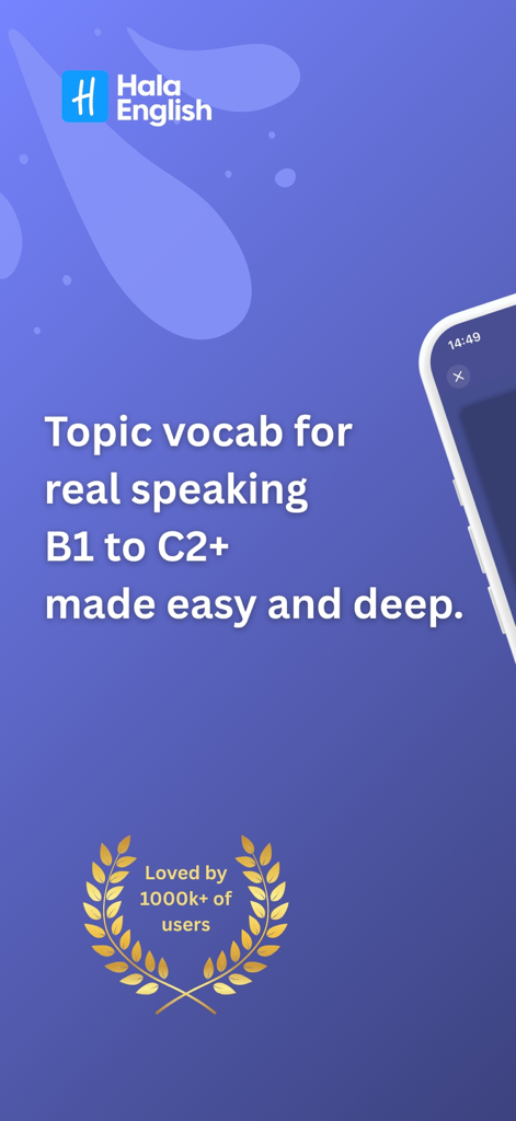 Écran promotionnel de l'application Hala English mettant en avant les niveaux de vocabulaire pour la pratique de l'expression orale avancée.