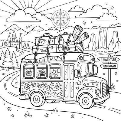 Get ready for an exciting journey with this unique school bus vacation coloring page, brimming with travel essentials and whimsical details. Perfect for those who dream of road trips and discovering new places.
