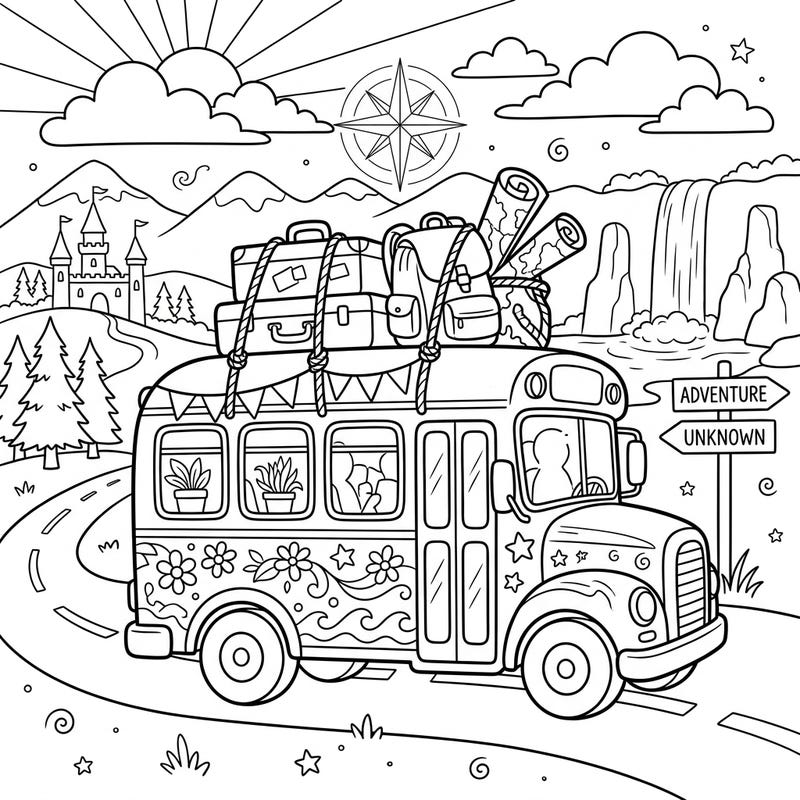 Get ready for an exciting journey with this unique school bus vacation coloring page, brimming with travel essentials and whimsical details. Perfect for those who dream of road trips and discovering new places.