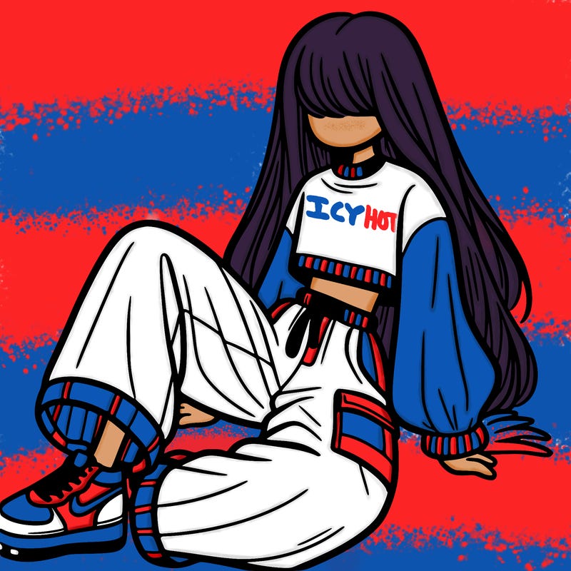 a girl with baggy pants and a crop top with long hair