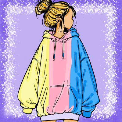 realistic girl with a oversized sweatshirt on and a bun