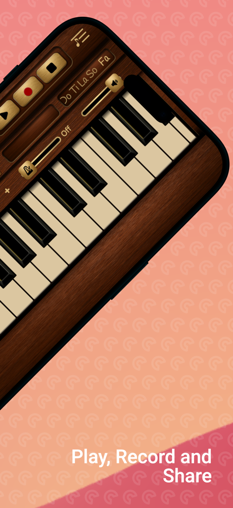 Recorder Sim - Recorder Sim App-Oberfläche mit einer Holzmaserungstastatur und Aufnahmetasten