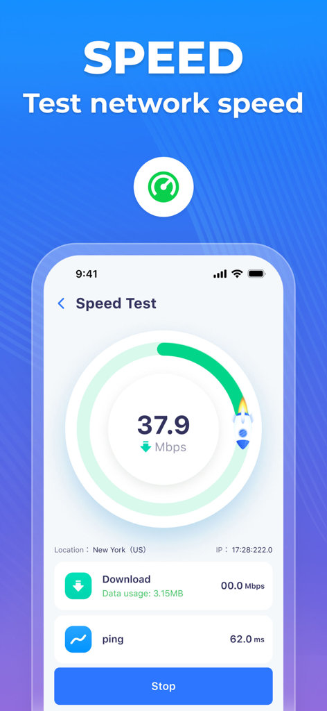 HyperClean - Phone Cleaner - Pantalla de la aplicación HyperClean mostrando una prueba de velocidad de Internet con resultados de velocidad de descarga y ping