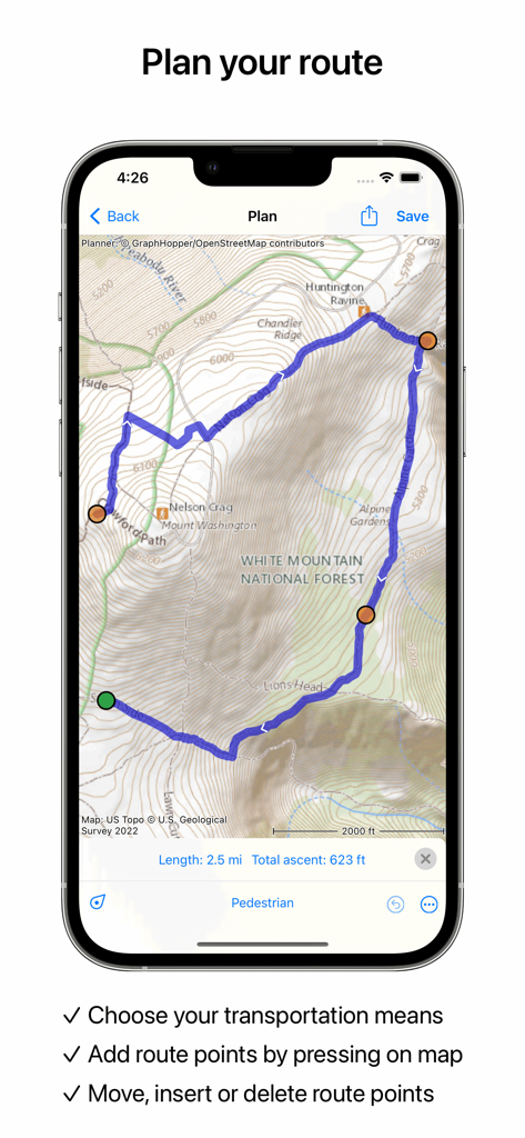 A planned hiking route on a detailed topographic map within the Topo GPS app interface showing elevation contours and route points.
