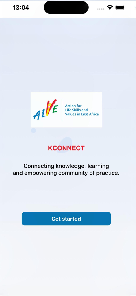 ALiVE CONNECT App - ALiVE CONNECT App welcome screen showing logo tagline and get started button