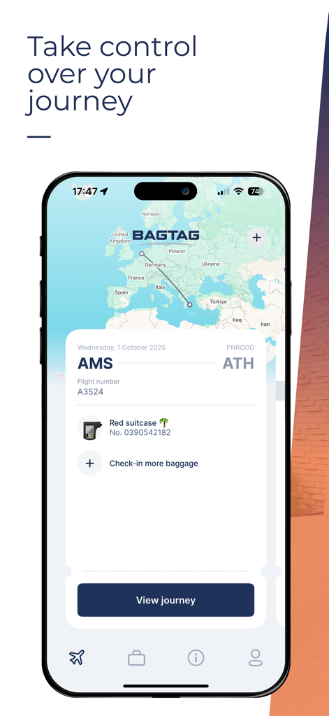 BAGTAG - iPhone-Bildschirm mit der BAGTAG-App, der eine Flugroutenkarte und Details zum digitalen Gepäckanhänger zeigt