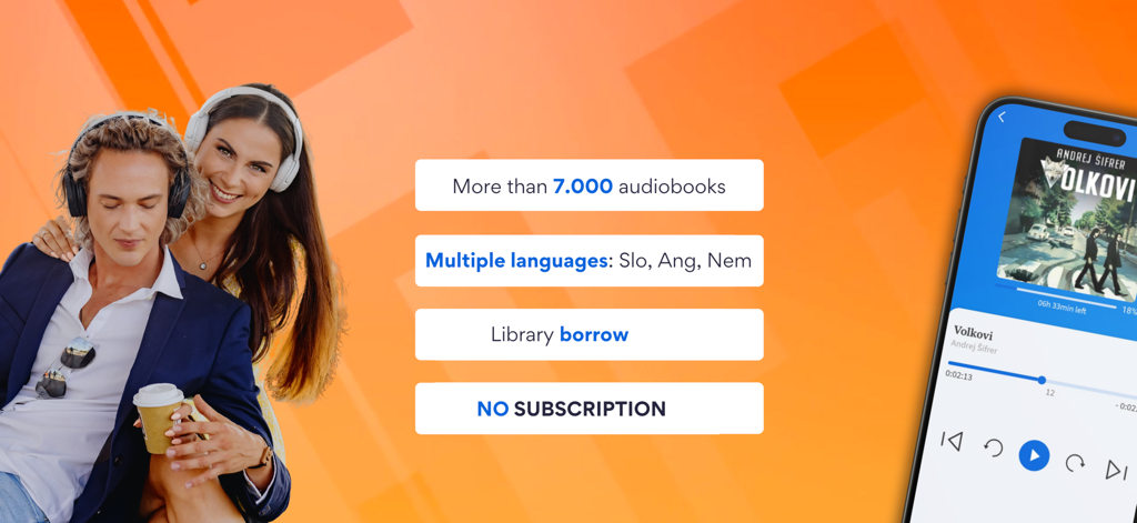 A couple listening to audiobooks using headphones with Audibook app interface and feature highlights