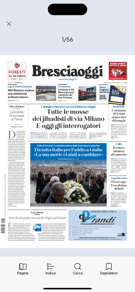 Bresciaoggi - Prima pagina digitale del quotidiano Bresciaoggi su un'applicazione mobile