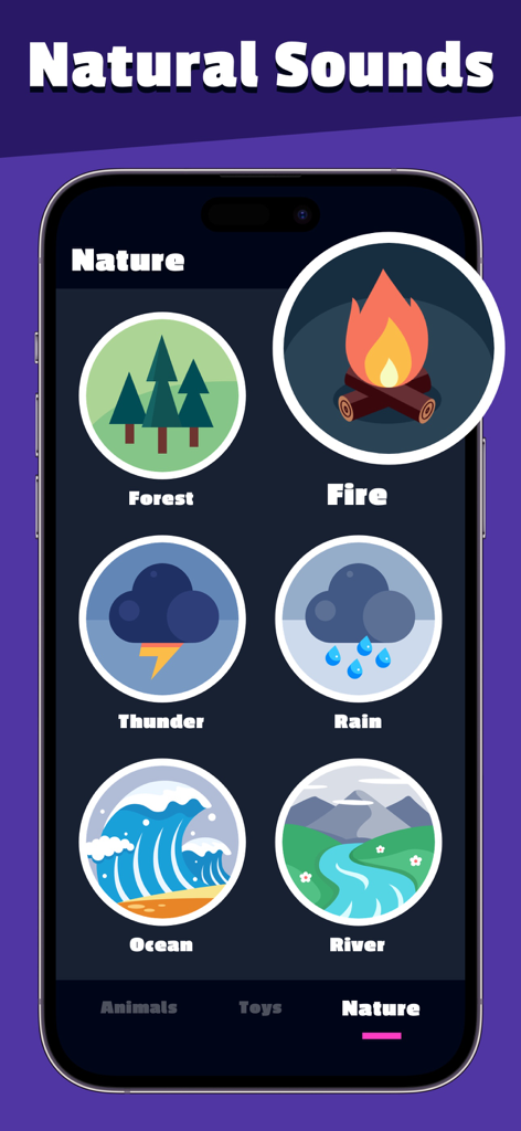A smartphone screen displaying the nature sound options in the Animal Sounds and Noise Maker app
