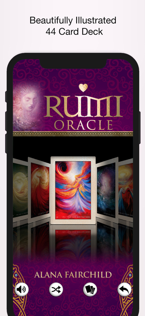 Rumi Oracle app screen showing a carousel of beautifully illustrated spiritual cards on a purple background