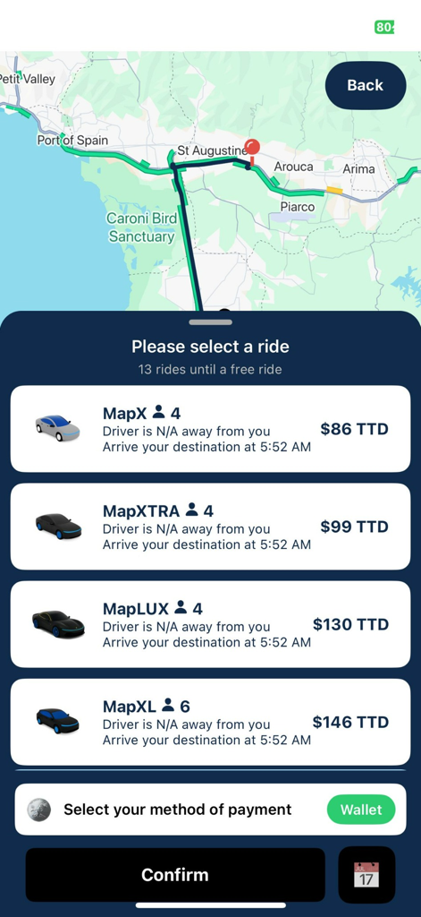 MappRides - MappRides app ride selection interface showing upfront fares for MapX MapXTRA MapLUX and MapXL car options