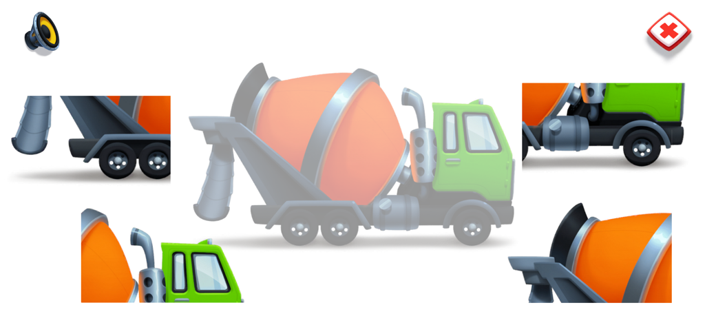 Una pantalla de puzzle de camión hormigonera de un juego de lógica de coches para niños