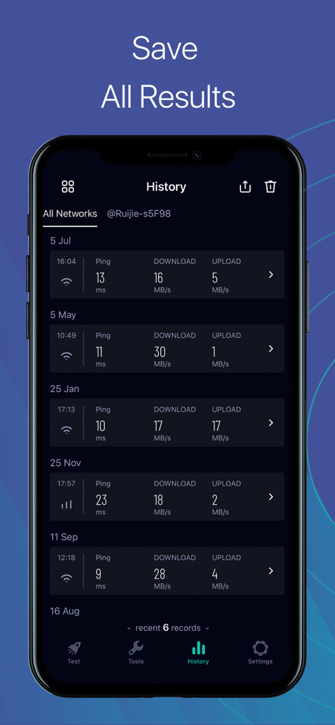 Speed Test Master app screen displaying a history of internet speed test results including ping download and upload speeds