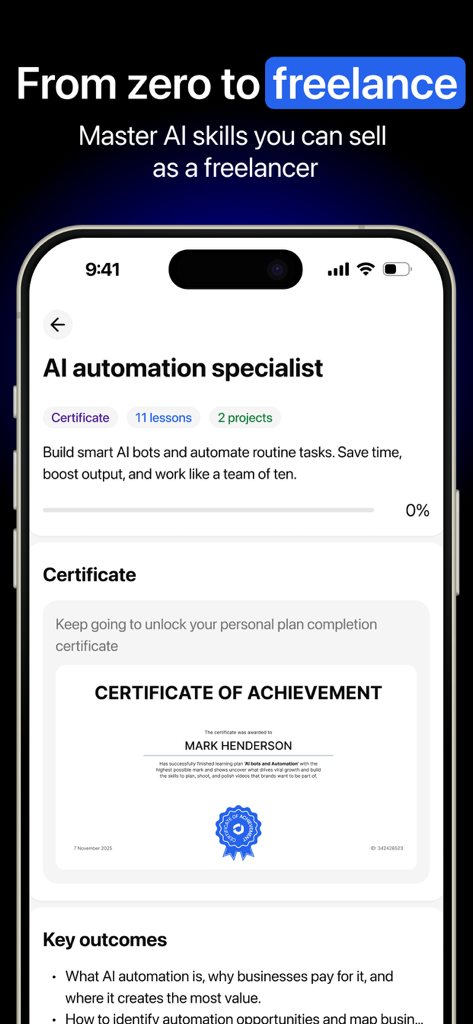 Jobescape mobile app screen showing the AI automation specialist course details and a certificate of achievement