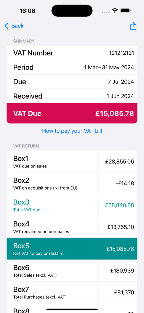 Summary view of a UK VAT return in the MTD app showing total tax due and box calculations