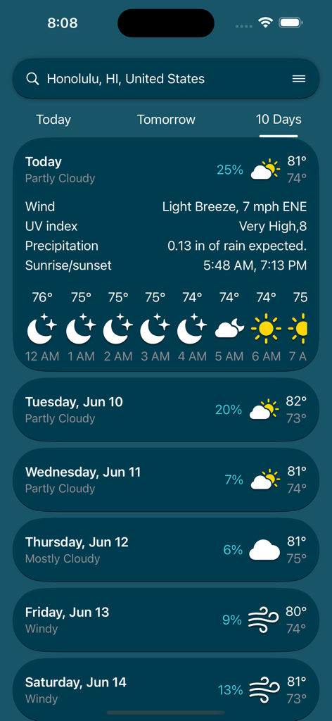 Tenki Weather app displaying a 10-day forecast and hourly weather data for Honolulu