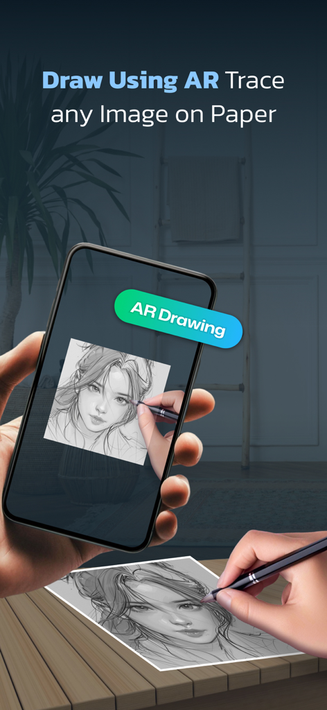 A person using an AR drawing app to trace a detailed portrait from a smartphone screen onto paper.