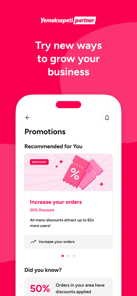 Yemeksepeti Partner - Yemeksepeti Partner app screen showing business growth tools and restaurant promotions for increasing orders.