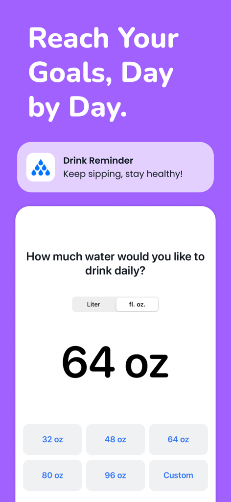Drink Tracker by Hydro Coach - Setup screen for setting a daily water intake goal in fl. oz. within the Hydro Coach app.