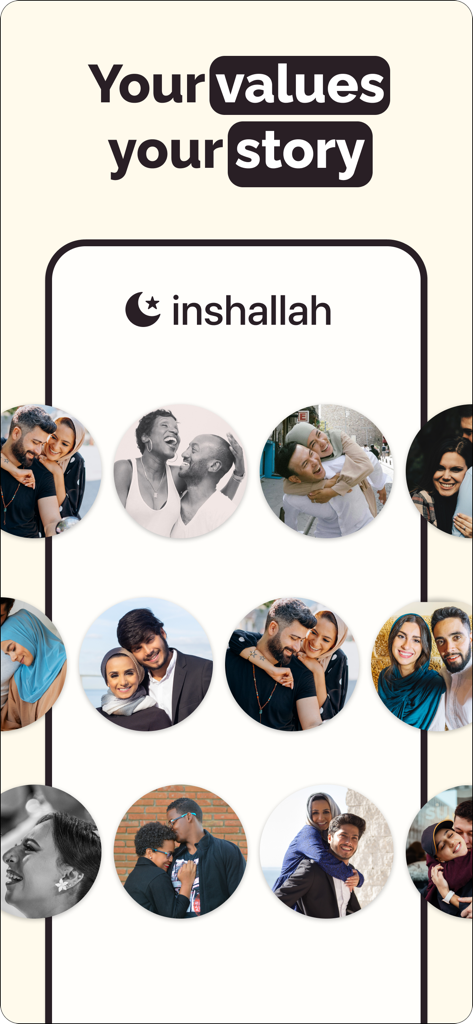 Écran promotionnel de l'application de rencontres musulmane InshAllah présentant divers couples heureux et le slogan Vos valeurs, votre histoire