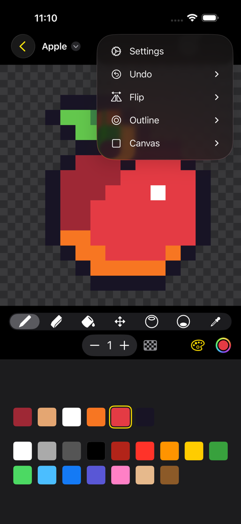 Sprite Pencil 앱의 사용자 인터페이스에 픽셀 아트 사과와 드로잉 도구가 표시되어 있습니다.