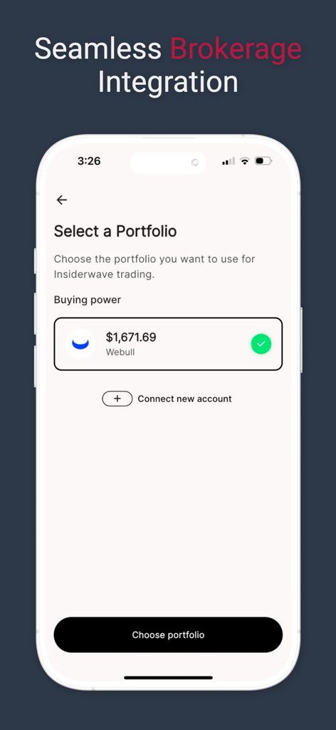 Insiderwave - Insiderwave app interface showing the portfolio selection screen with a connected Webull brokerage account and buying power