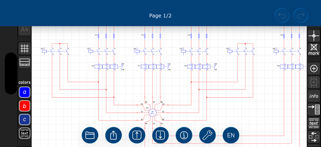 Un diagrama de circuito eléctrico detallado con símbolos y cableado estándar IEC diseñado en la interfaz de la aplicación Circuit Planner