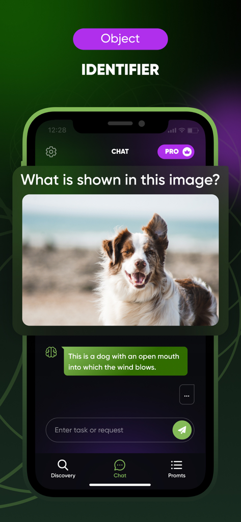 Chat Genius- Ask AI ChatBot - Chat Geniusアプリのスクリーンショットで、AIオブジェクト識別機能を使用して写真内の犬を識別しています